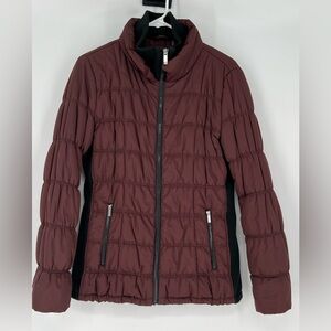 CALVIN KLEIN burgundy quilted jacket puffer w/ zippered pockets &mock neck.